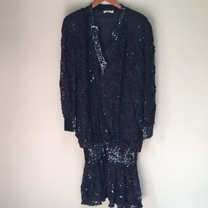 Vintage Damianou Black Lace & Sequined Dress M